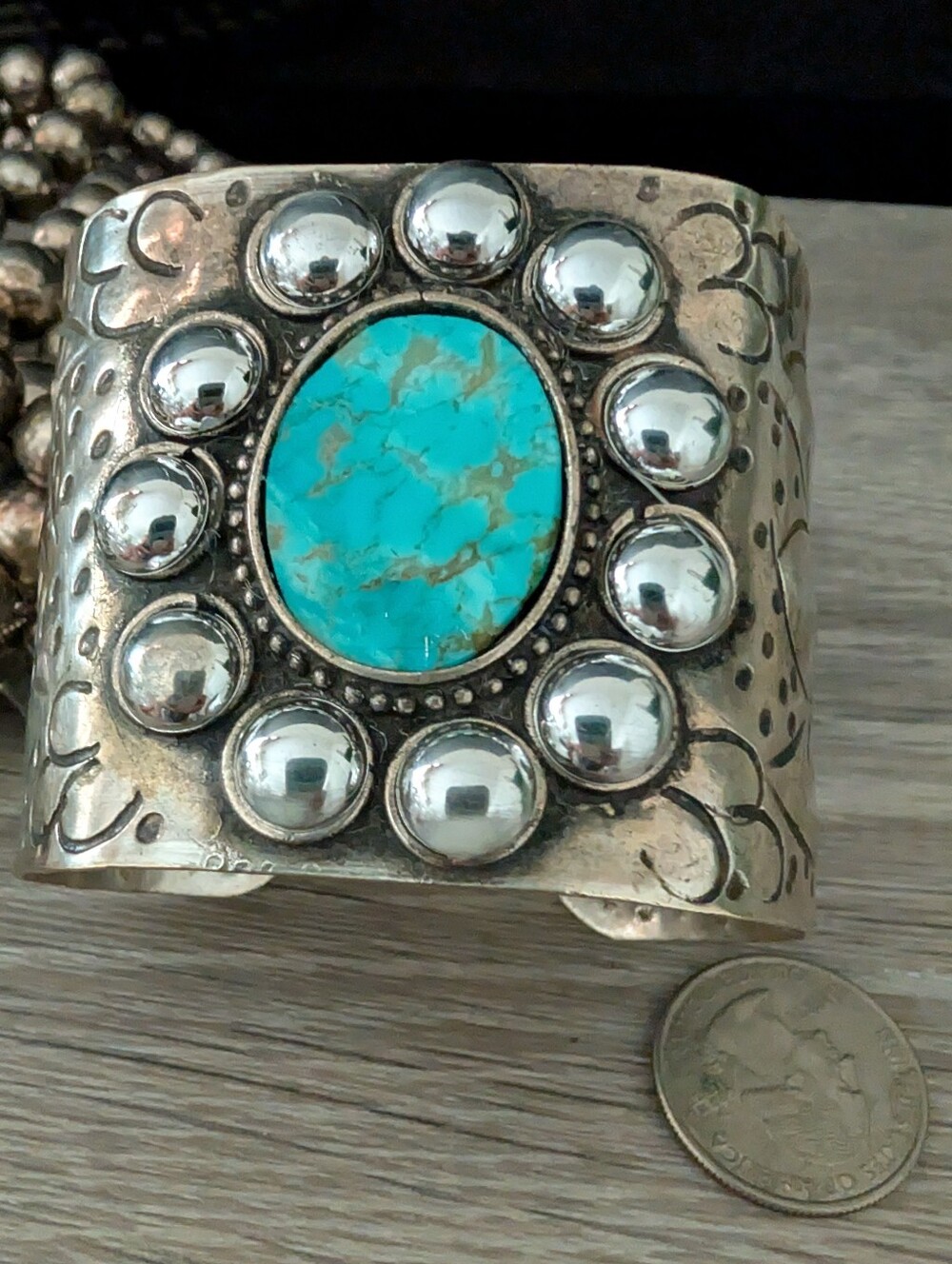 Genuine Turquoise Stone Silver Taxco Cuff